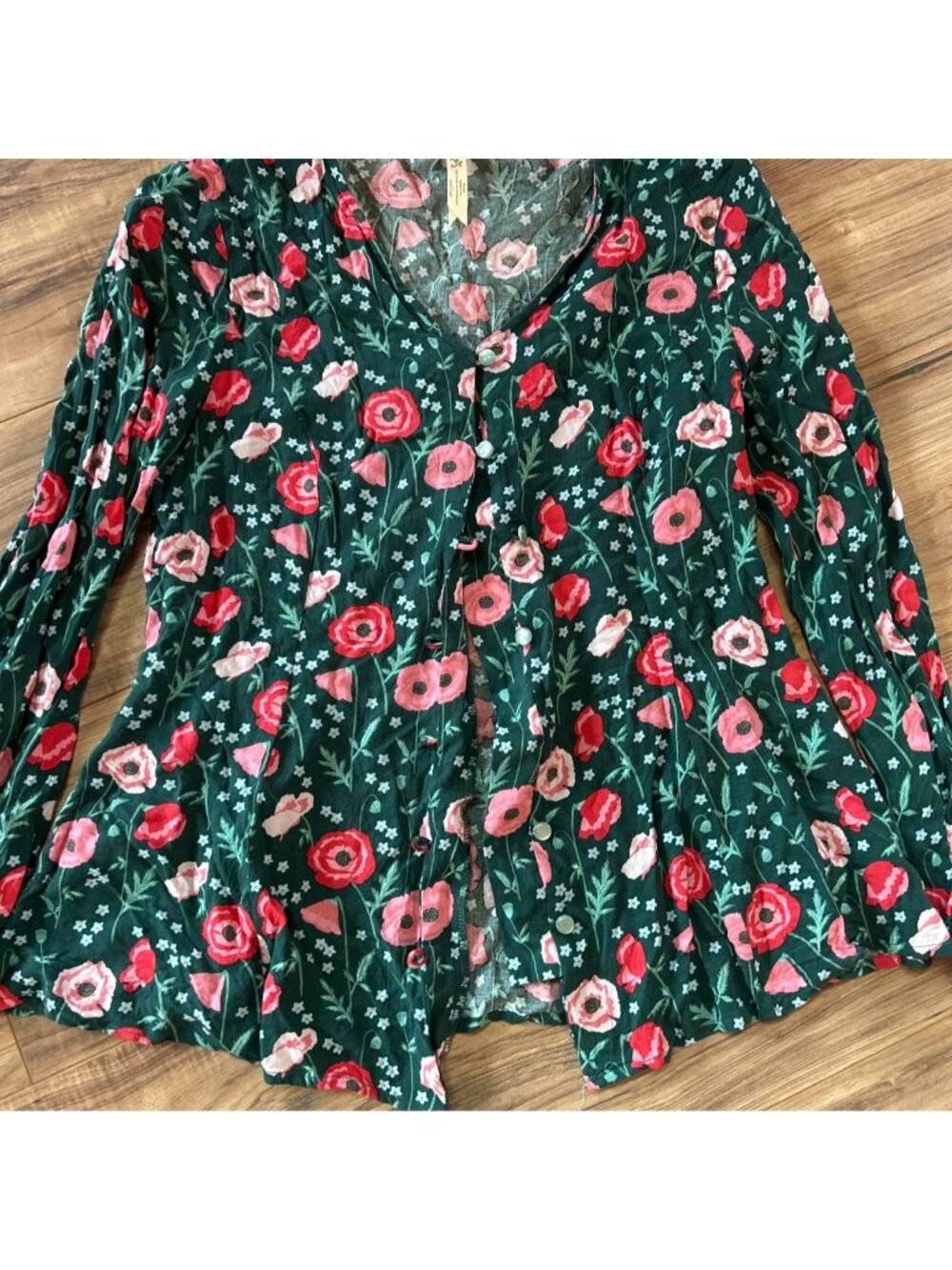 Matilda Jane green floral blouse with pink and red Medium